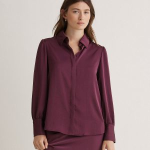 Camisa satinada manga larga berenjena
