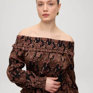 HENNA BLACK TOP - Top escote bardot nido de abeja