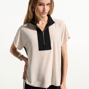 Top recto de punto sedoso con bloques de color y cuello con cremallera JOSEPH RIBKOFF