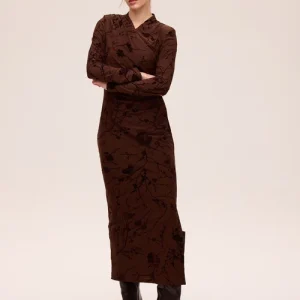 GLAZE BROWN - Vestido midi cuello cruzado flocado marrón MIOH