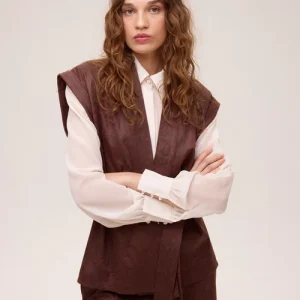 OAK BROWN VEST - Chaleco ecopiel estampado flores marrón MIOH